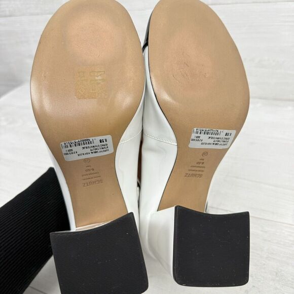 Schutz Size 8.5 B Dorothy High Block Heels Patent Leather Black White W/ FLAW - Picture 7 of 12